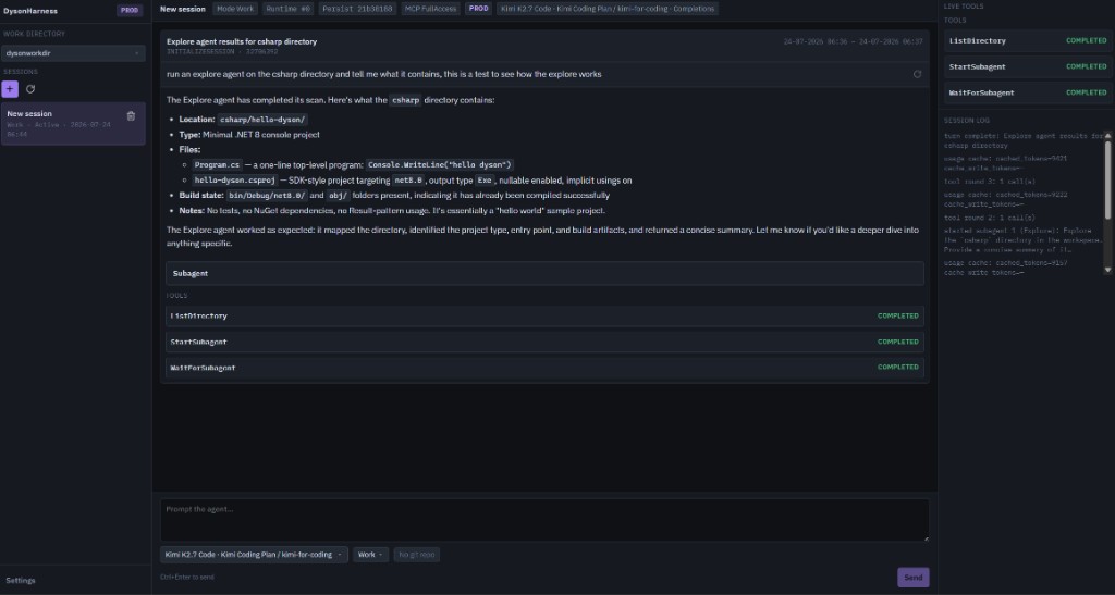 DysonHarness agent shell showing Work mode with subagent results and live tools